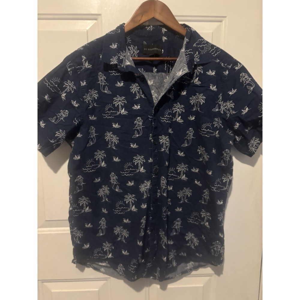 No Boundaries Hawaiian Shirt Mens Large Button Up Short Sleeve Blue Floral